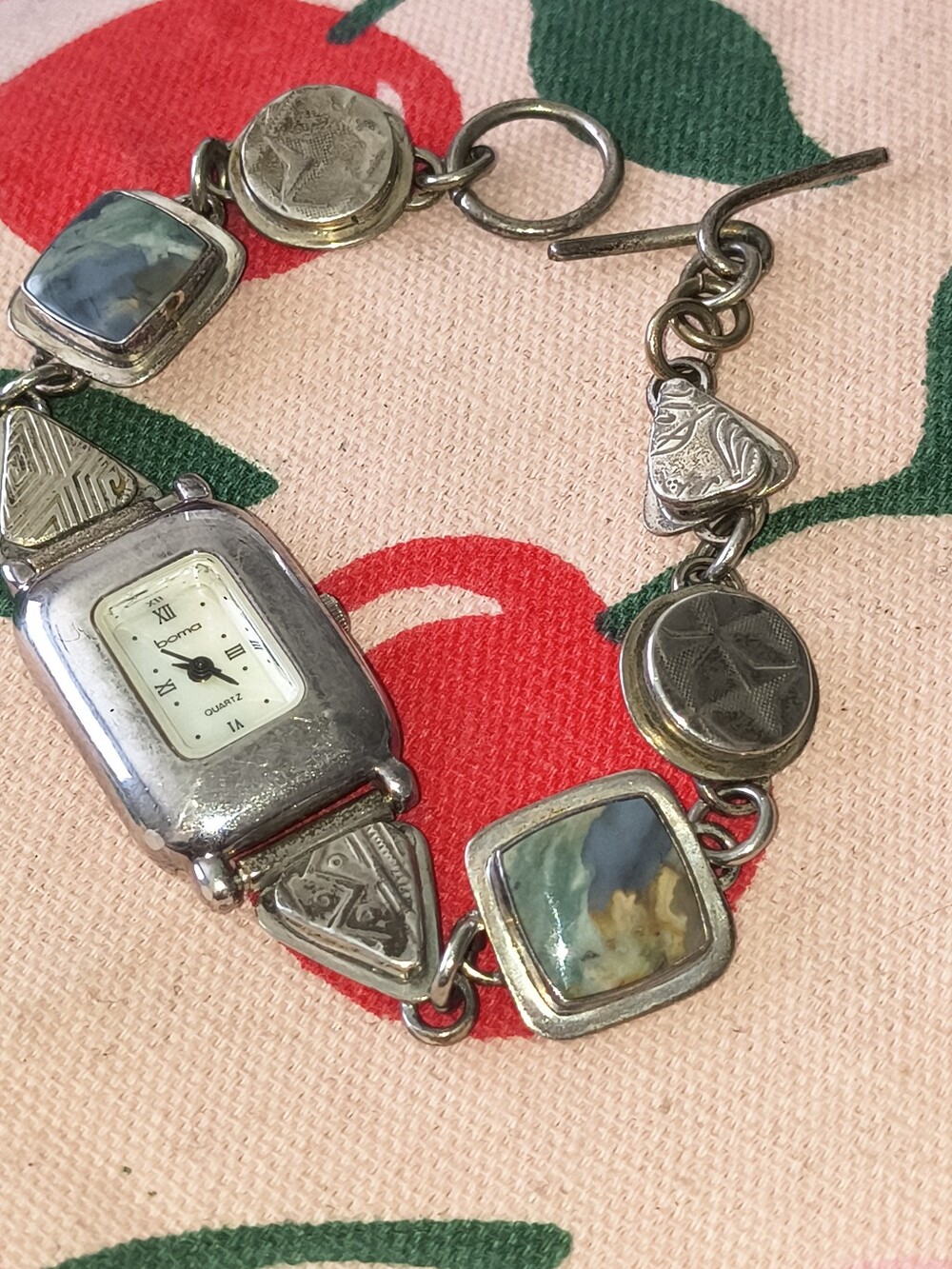 Vintage Boma Sterling Silver MOP Geometric Link Natural Gemstone Watch. Estate